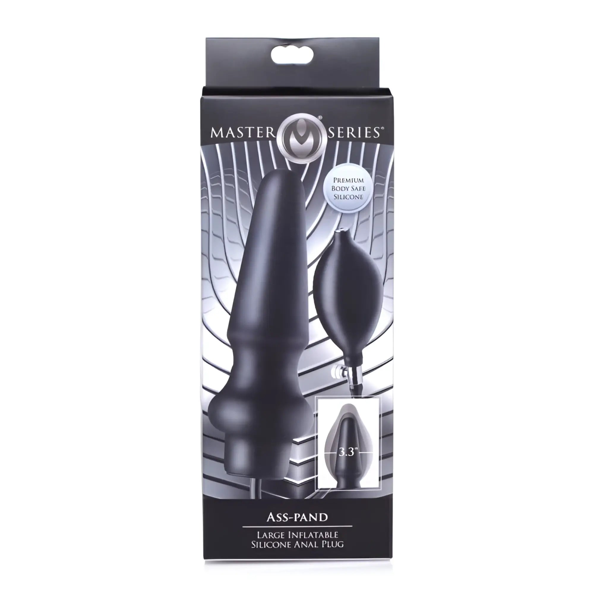 Black silicone inflatable anal plug with attached pump from master series ass pand for large size use