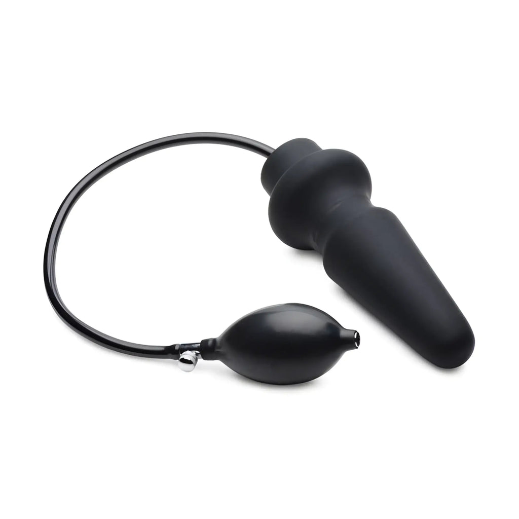 Black silicone inflatable anal plug with attached inflation bulb and tube from master series ass pand large line
