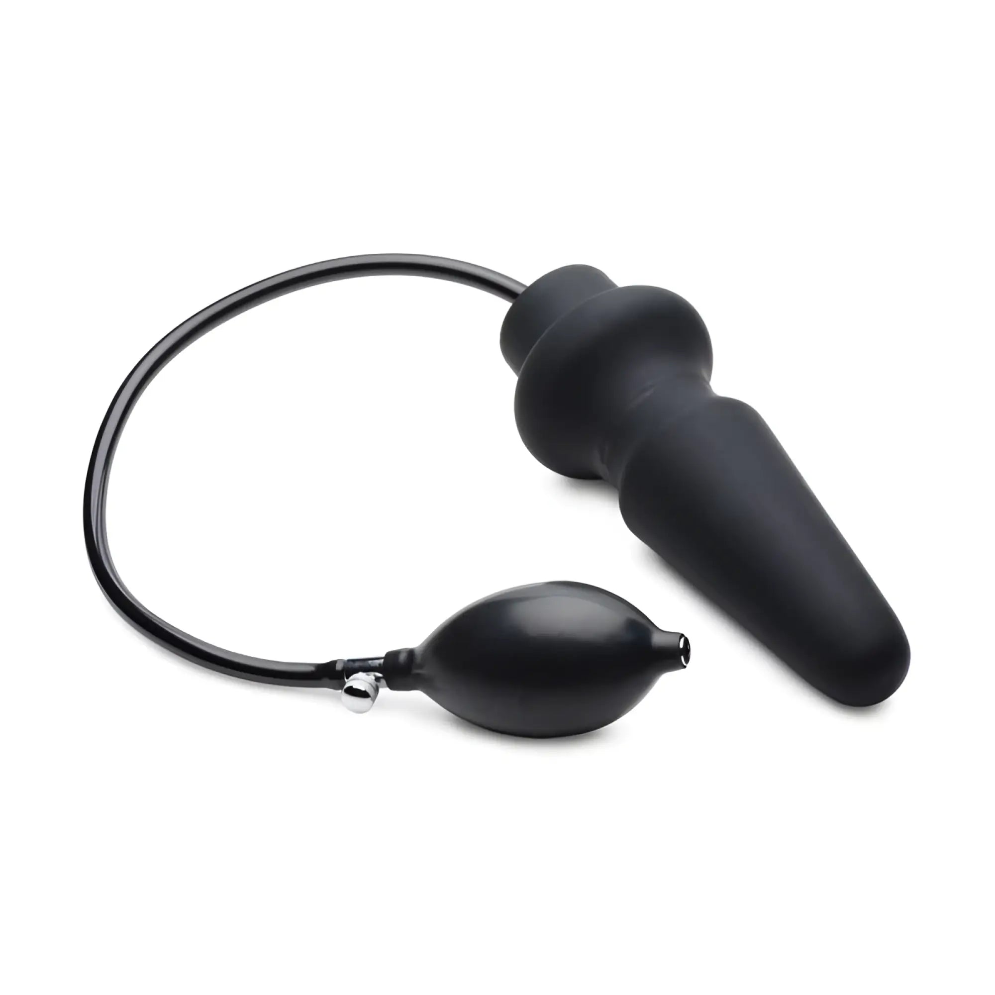 Black silicone inflatable anal plug with attached inflation bulb and tube from master series ass pand large line