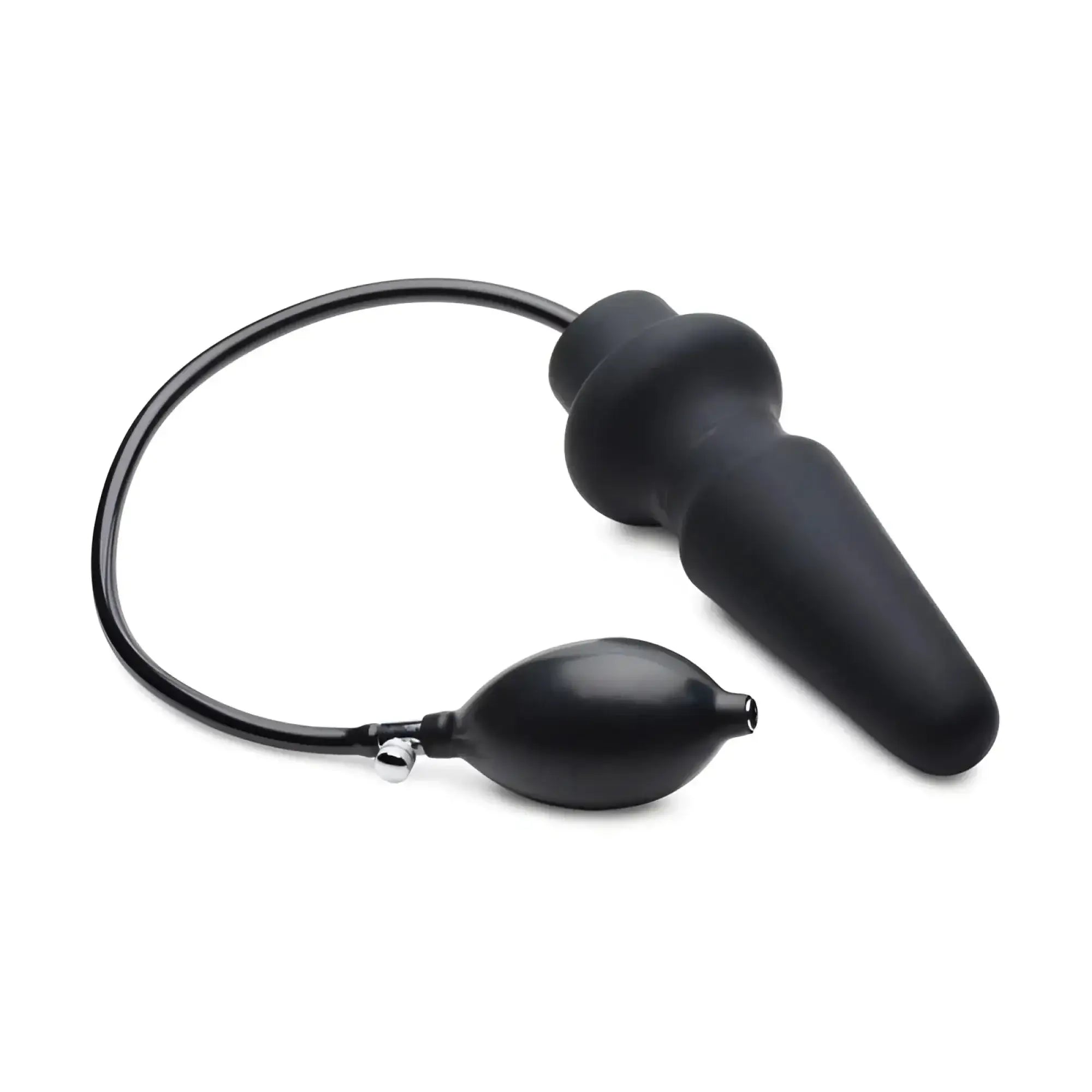 Black silicone inflatable anal plug with attached inflation bulb and tube from master series ass pand large line