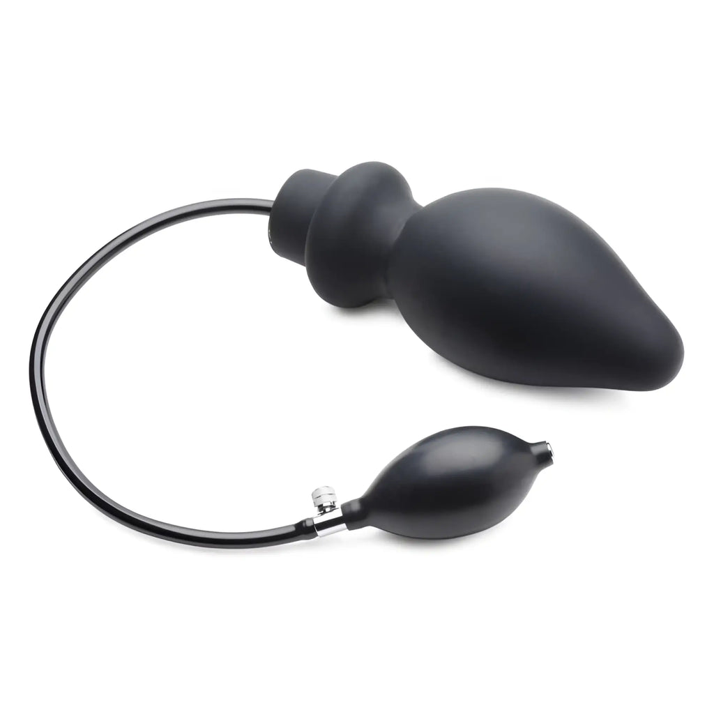 Black silicone anal plug with inflation bulb and tubing master series ass pand large inflatable silicone plug black