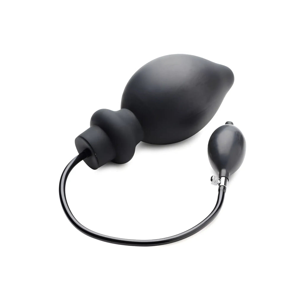 Black silicone anal dilator with bulbous body and attached pump from master series ass pand large inflatable plug