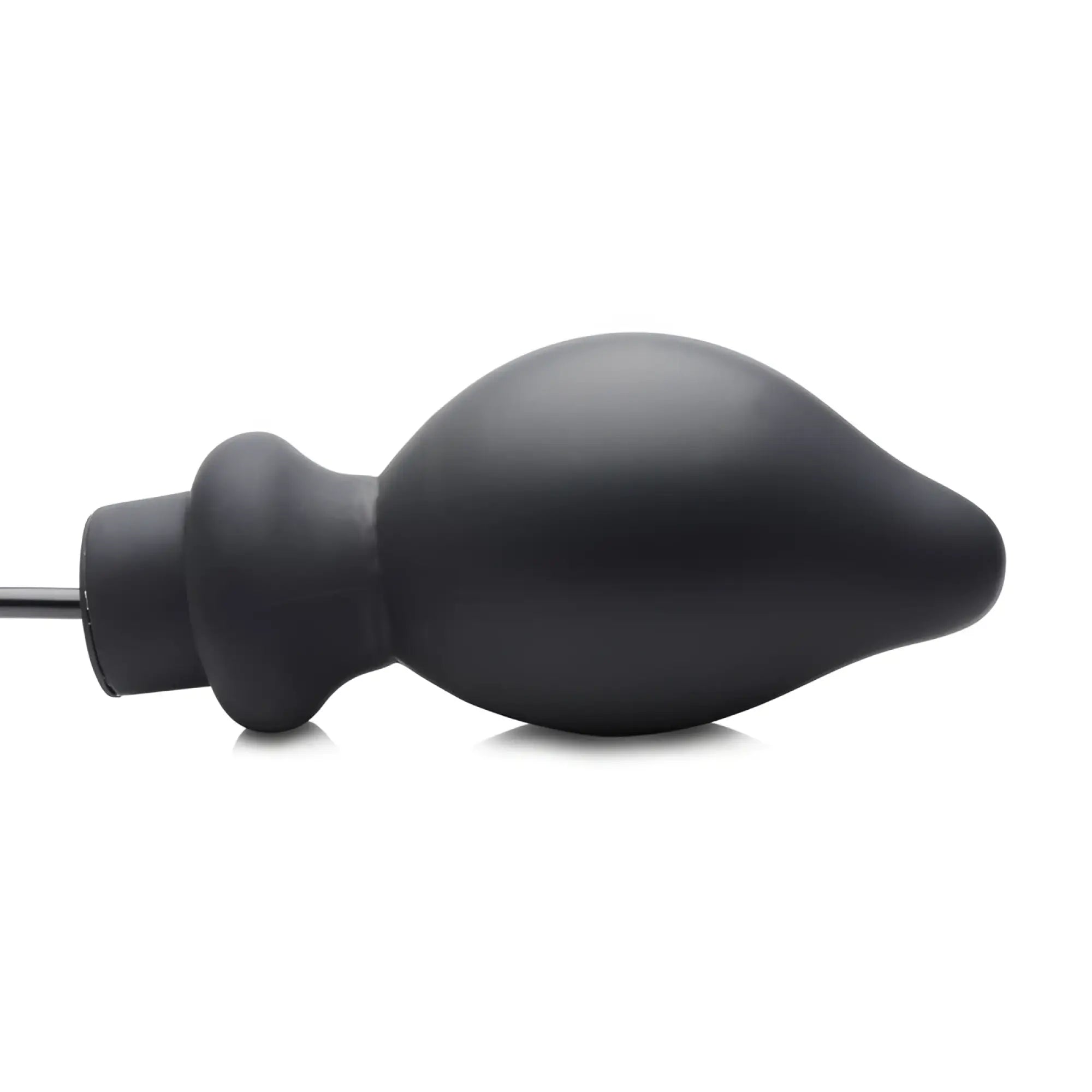Black silicone anal plug from master series with tapered teardrop shape and smooth matte finish for large inflatable use