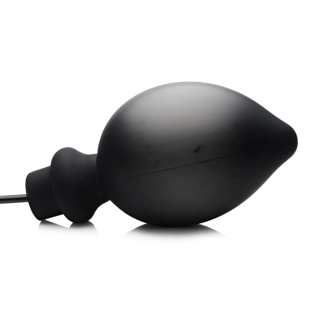 Black matte silicone anal plug with tapered tip and inflation tube from master series ass pand large inflatable plug