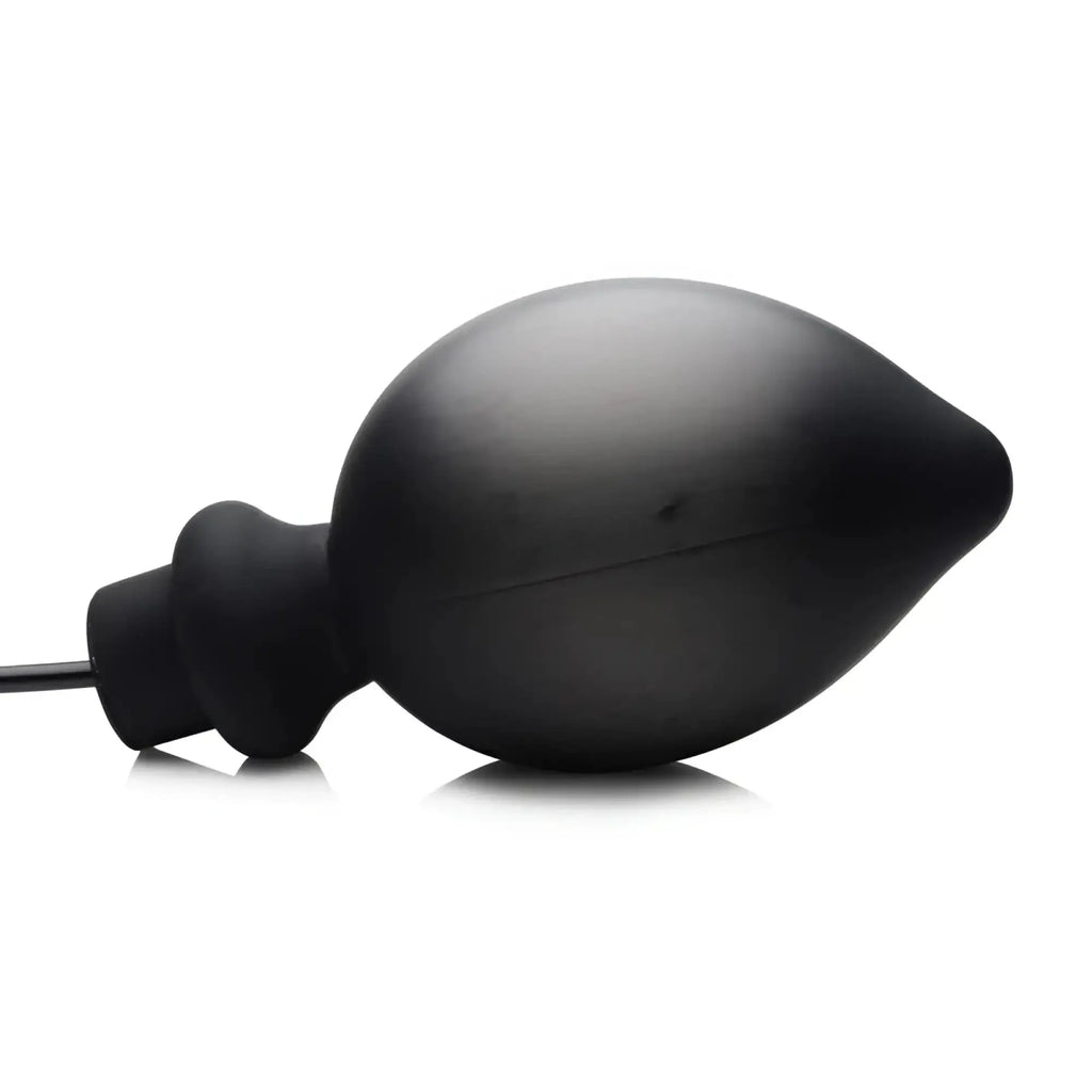 Black matte silicone anal plug with tapered tip and inflation tube from master series ass pand large inflatable plug