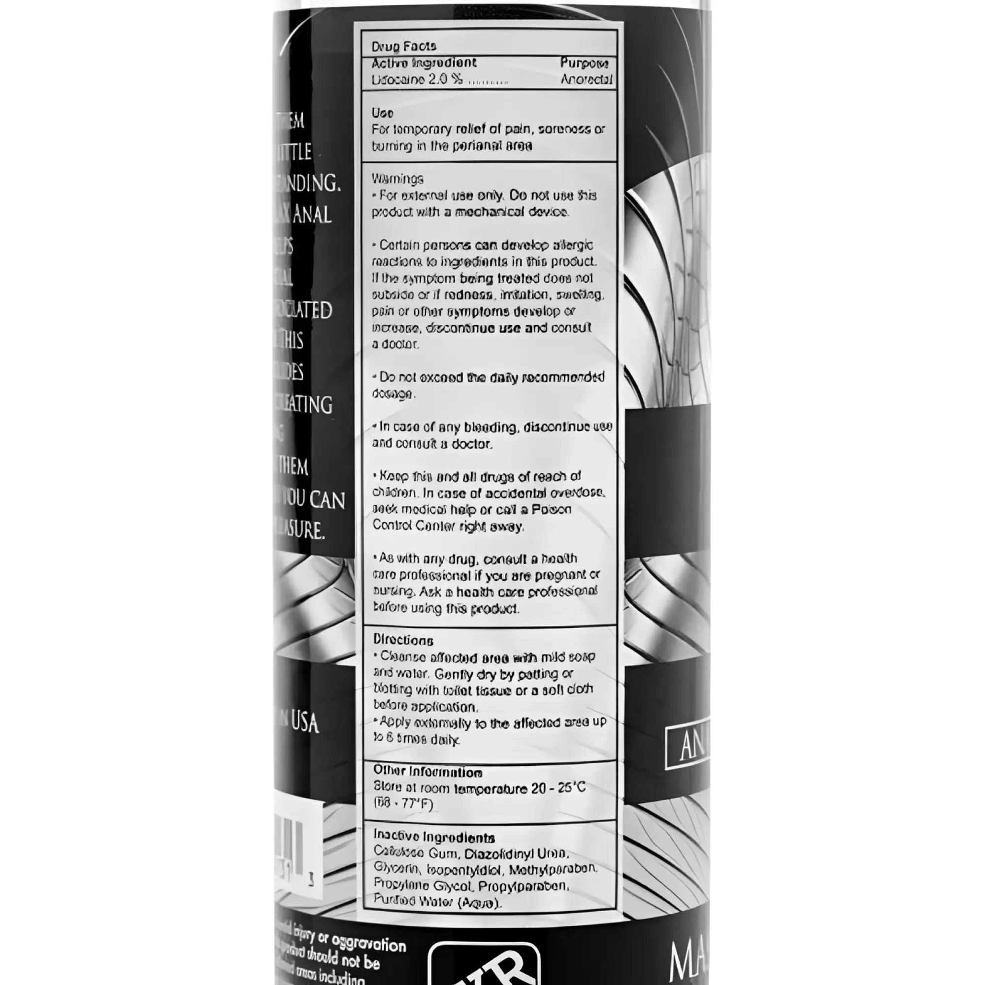 Black and white cylindrical tube of lidocaine 2.0% topical anesthetic gel with detailed drug facts on back of Master Series Ass Relax lubricant