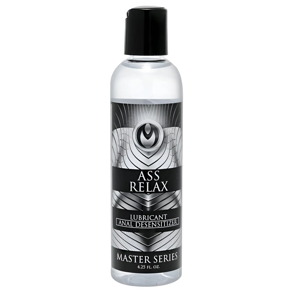 Clear plastic bottle with black cap and silver black label of master series ass relax desensitising lubricant 4.25 fl oz