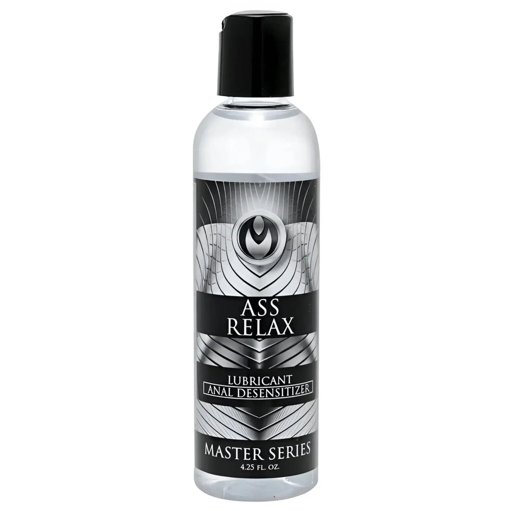 Clear plastic bottle with black cap and silver black label of master series ass relax desensitising lubricant 4.25 fl oz