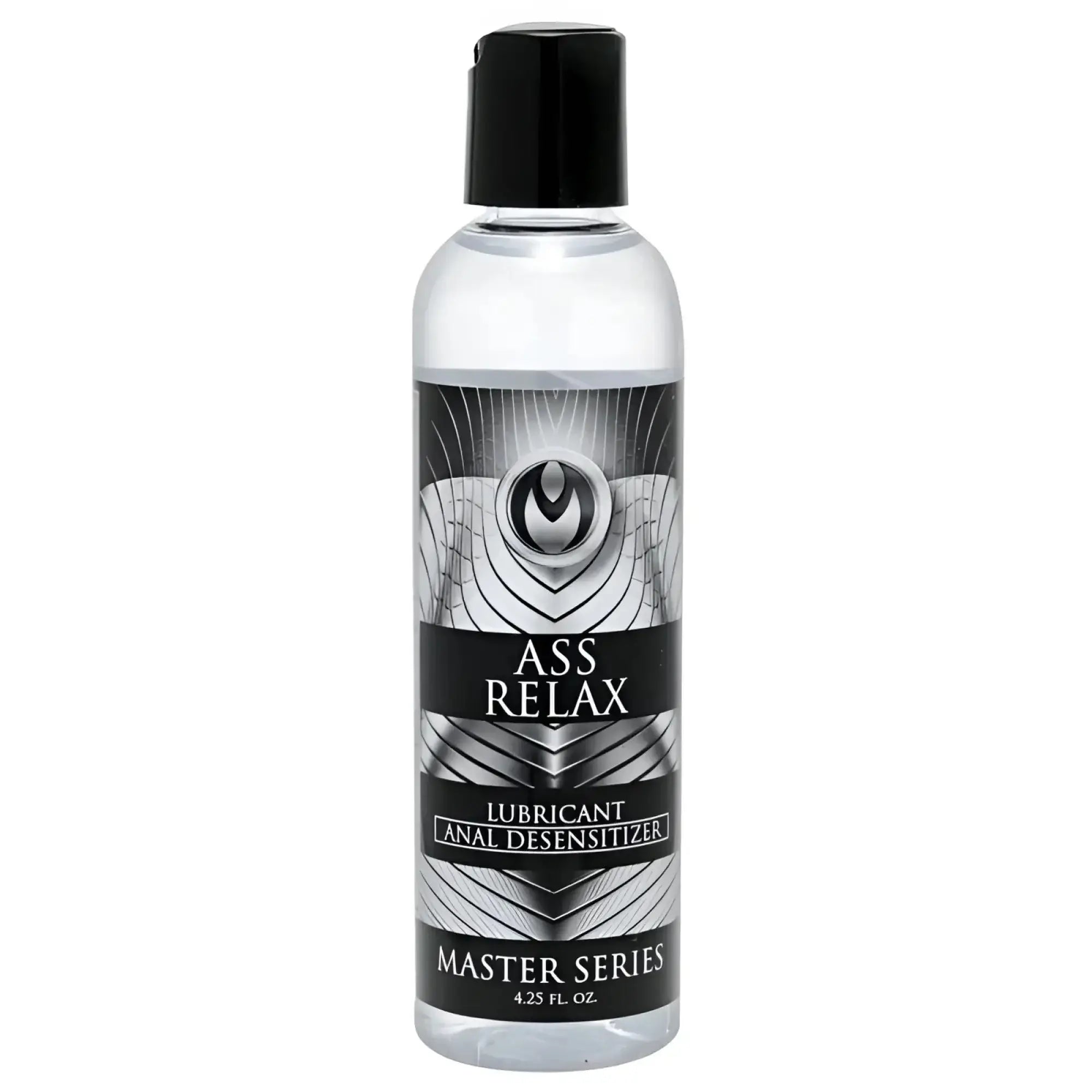 Clear plastic bottle with black cap and silver black label of master series ass relax desensitising lubricant 4.25 fl oz