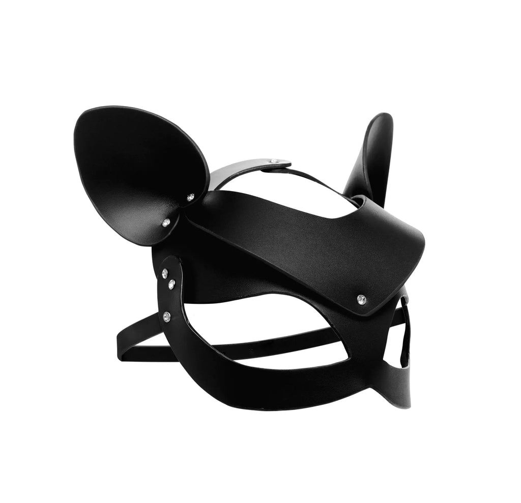 Black leather cat mask with pointed ears and silver rivets from the master series bad kitten collection