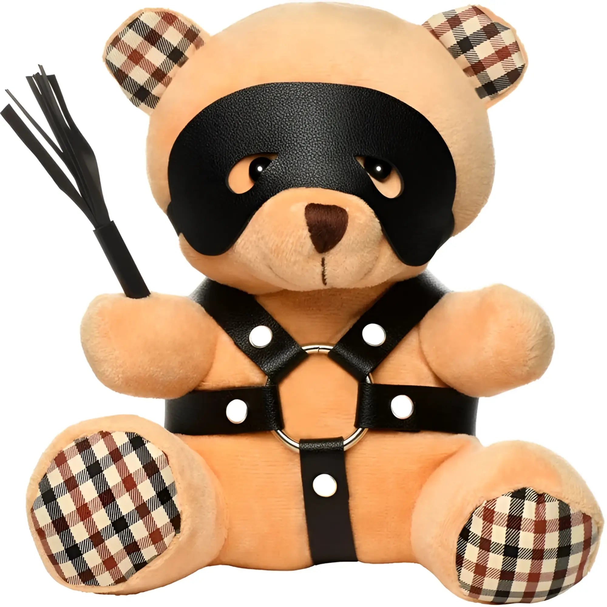 Tan plush teddy bear wearing a black leather mask and harness with checkered brown and white paw pads