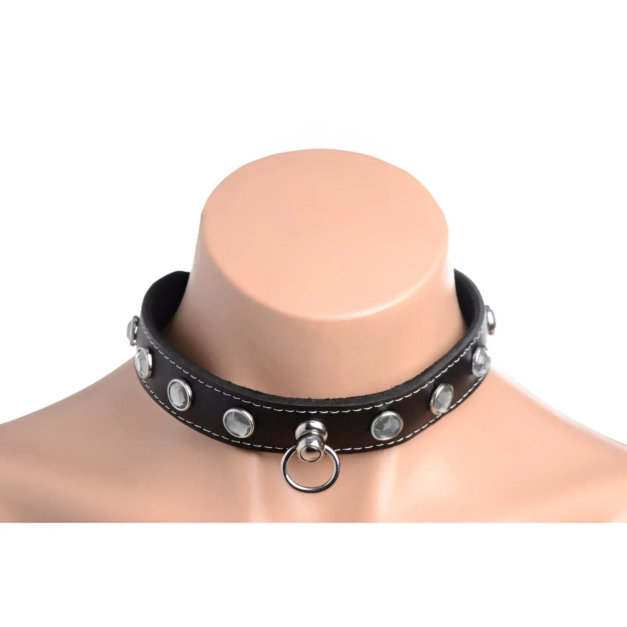 Black leather choker with silver-toned studs clear rhinestones and central ring from master series bling vixen collection