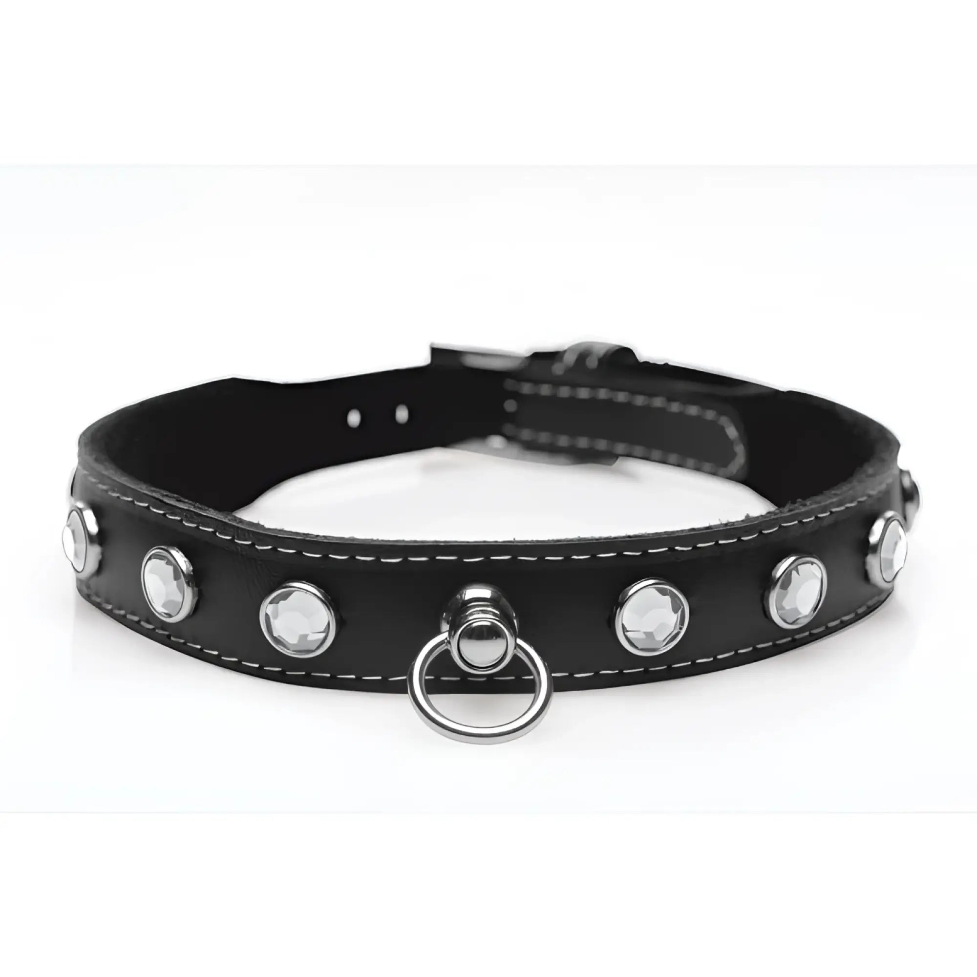 Black leather dog collar from master series bling vixen with clear rhinestones and silver metal ring