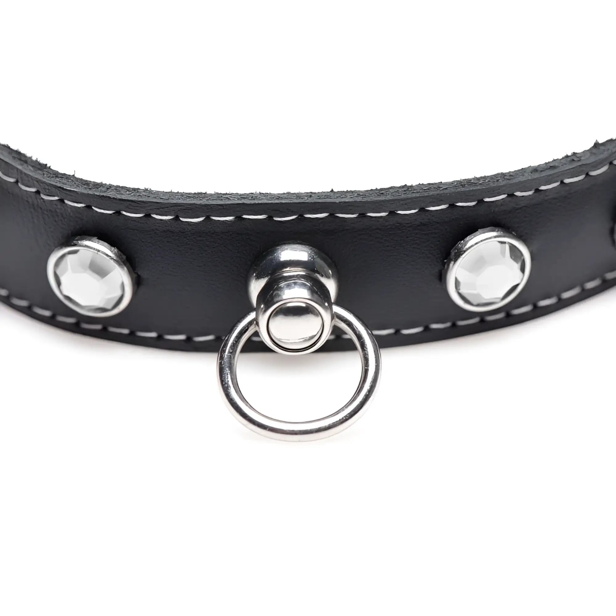 Black leather dog collar from master series bling vixen with silver studs central ring and clear rhinestones