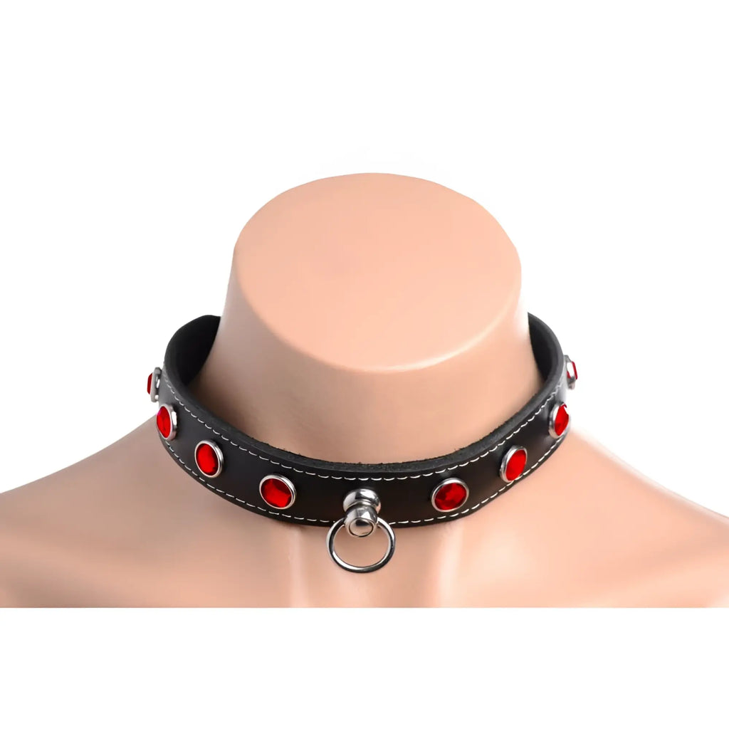 Master Series bling Vixen black leather choker with red rhinestone studs and a silver ring centerpiece