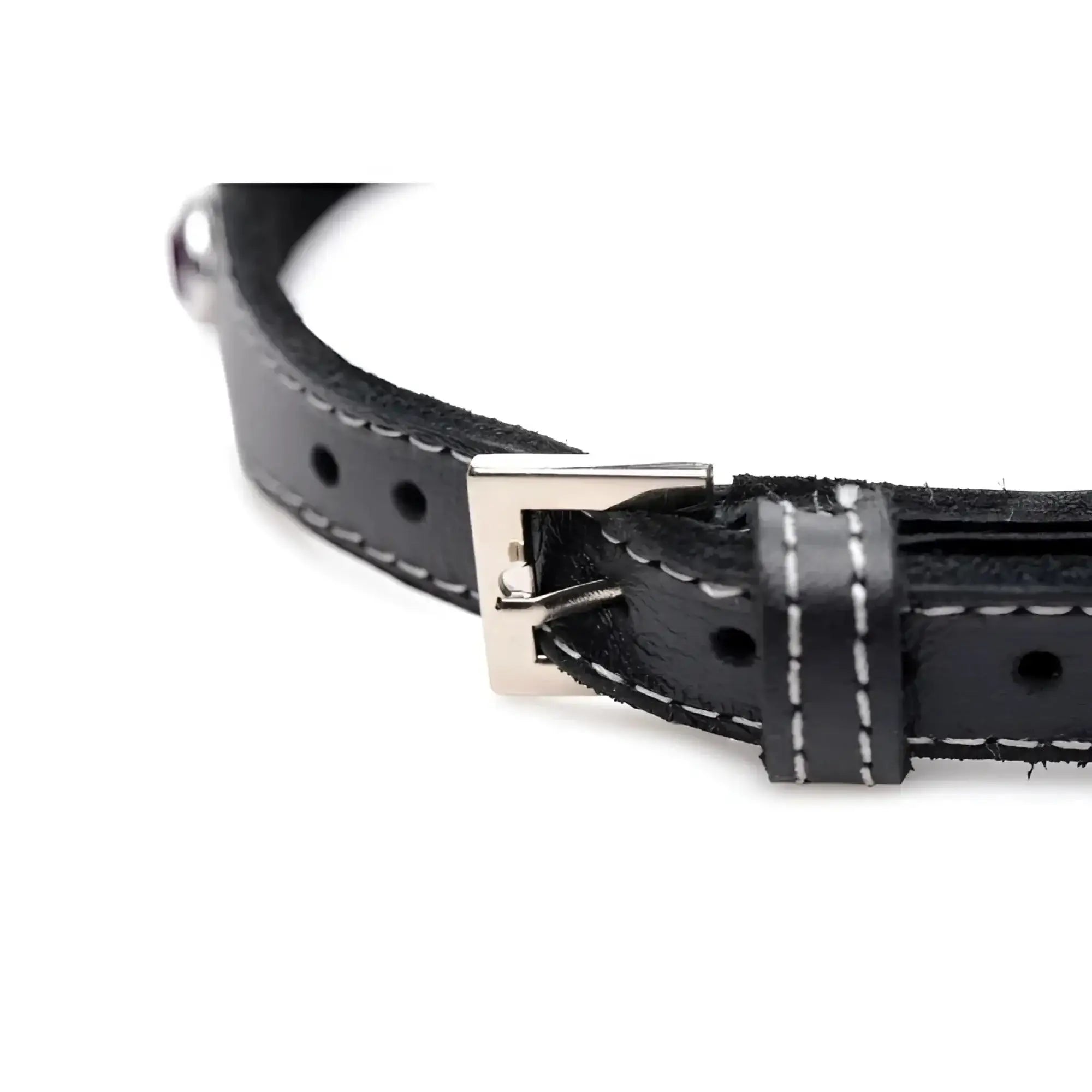 Black leather belt with silver toned buckle and white stitching for master series bling vixen leather choker