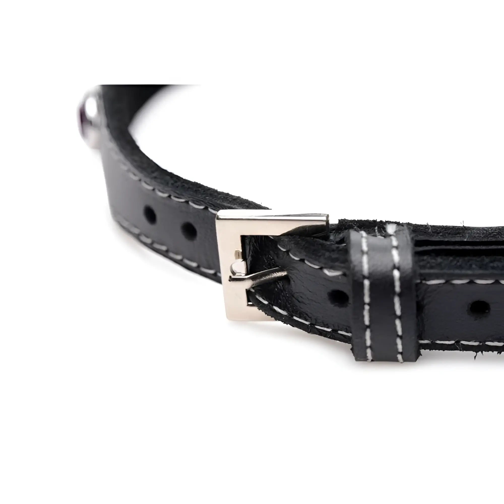 Black leather belt with silver toned buckle and white stitching for master series bling vixen leather choker with red rhinestones