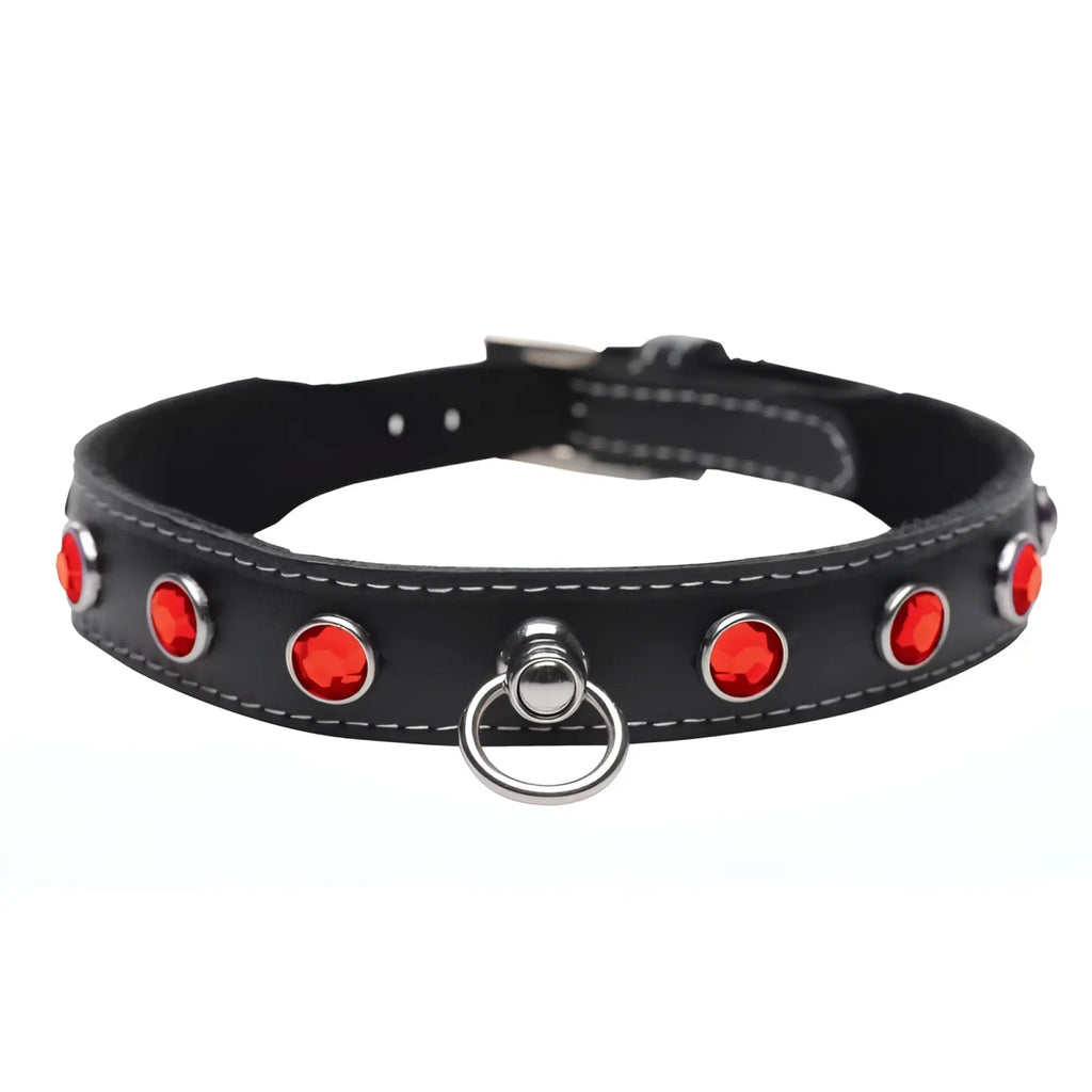 Master Series bling Vixen leather dog collar with red rhinestones black leather and silver metal ring