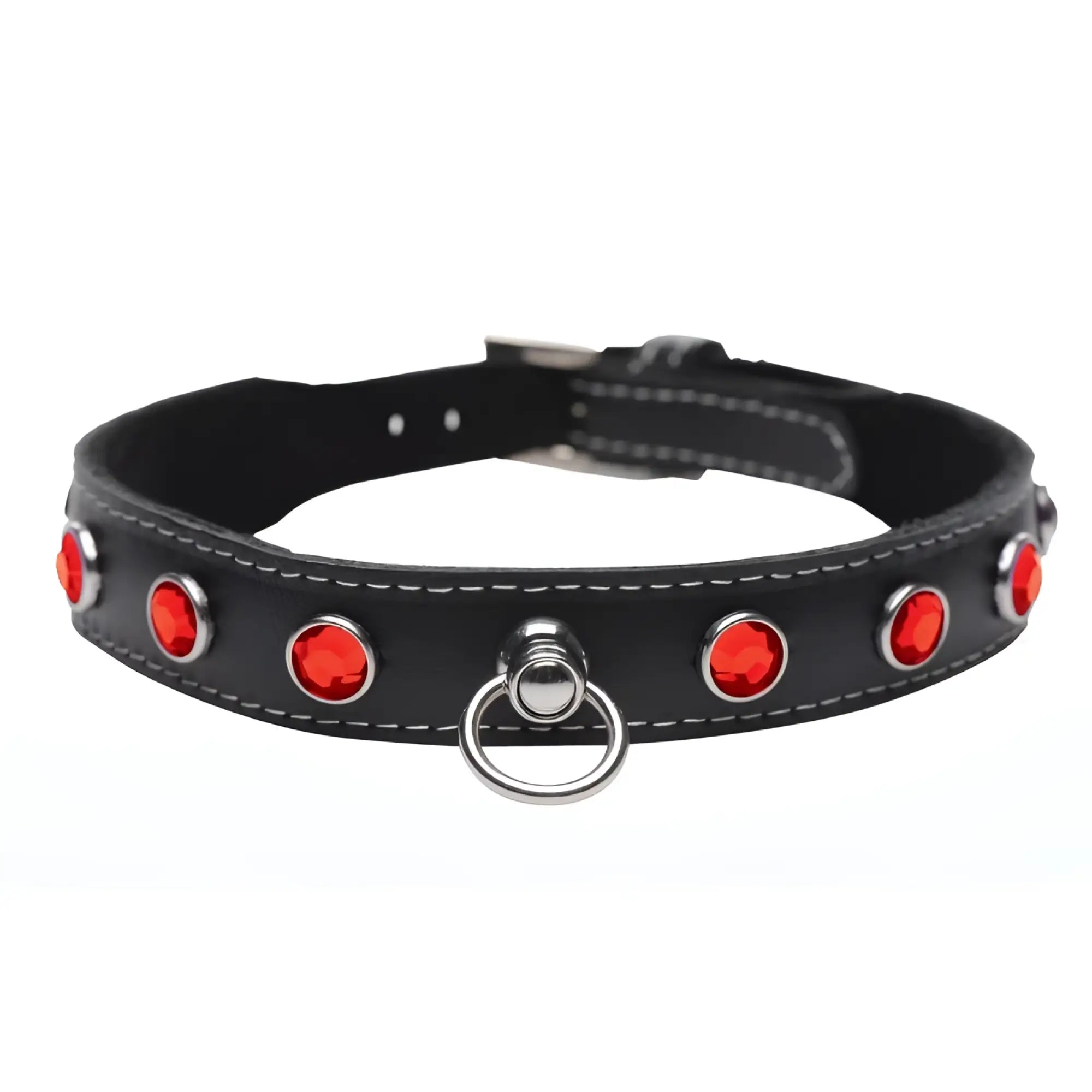 Master Series bling Vixen leather dog collar with red rhinestones black leather and silver metal ring