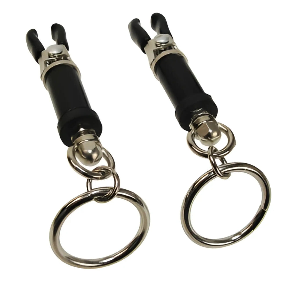 Black plastic and metal keychain clips with silver-toned rings from master series bondage ring barrel clamps set
