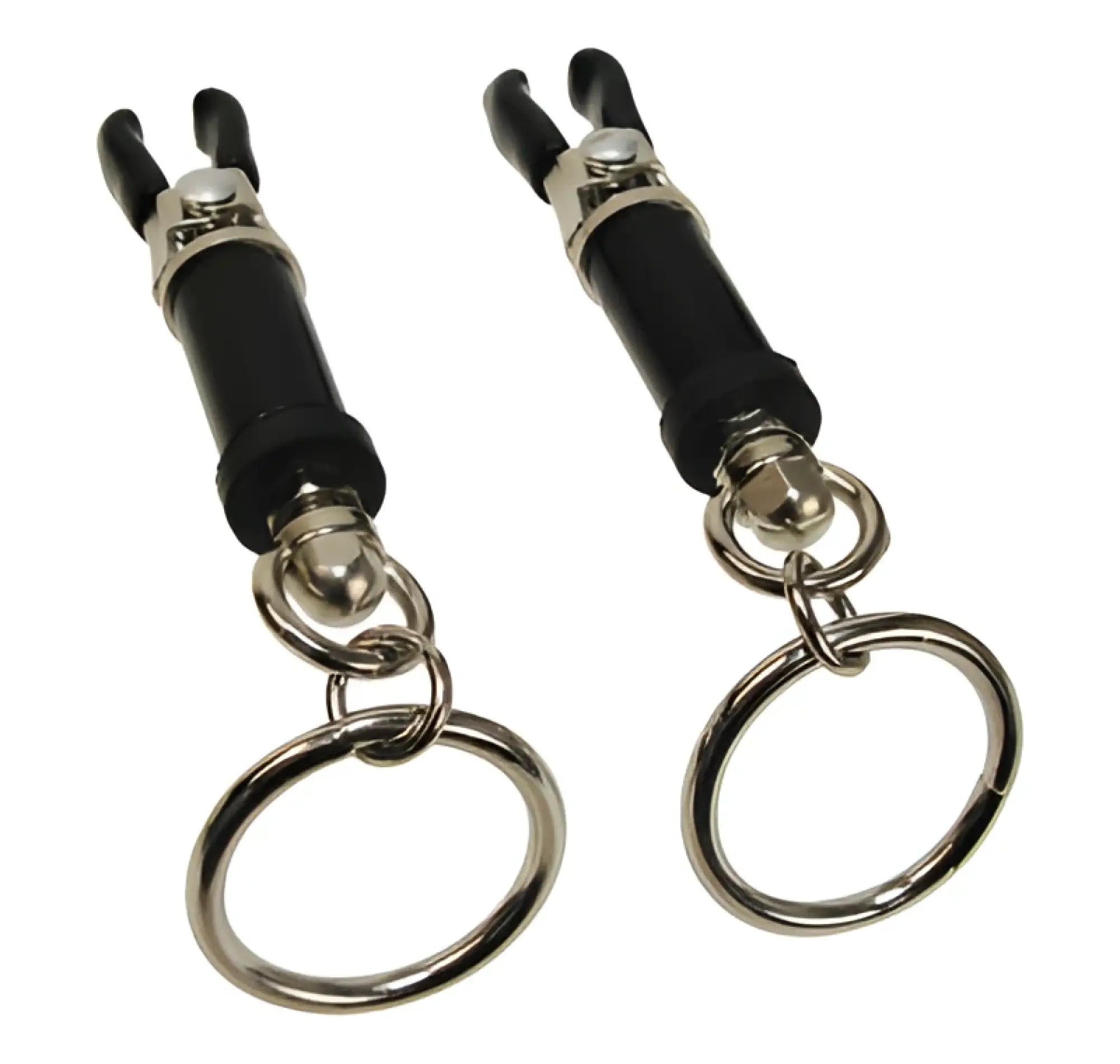 Black plastic and metal keychain clips with silver-toned rings from master series bondage ring barrel clamps set