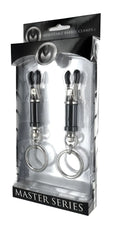 Master series bondage ring barrel clamps black and silver adjustable metal clamps with key rings in blister pack