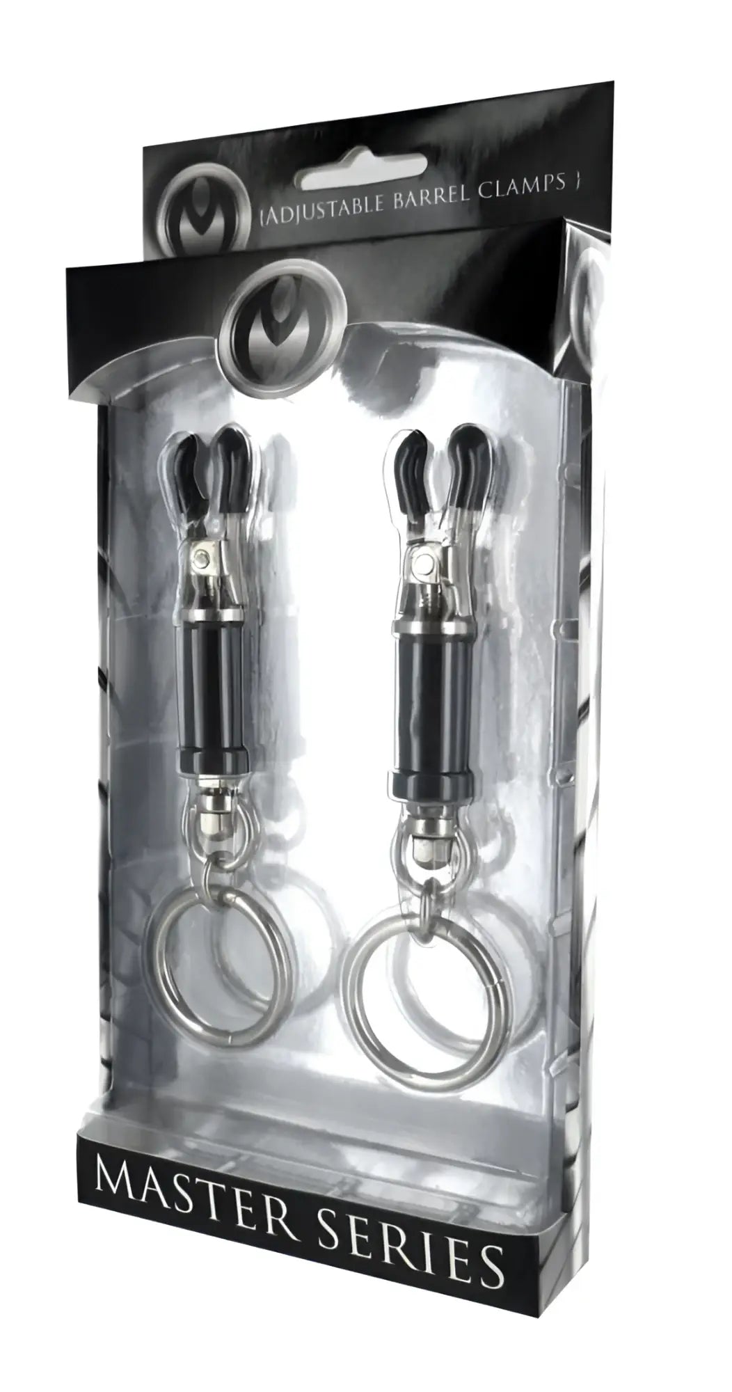 Master series bondage ring barrel clamps black and silver adjustable metal clamps with key rings in blister pack