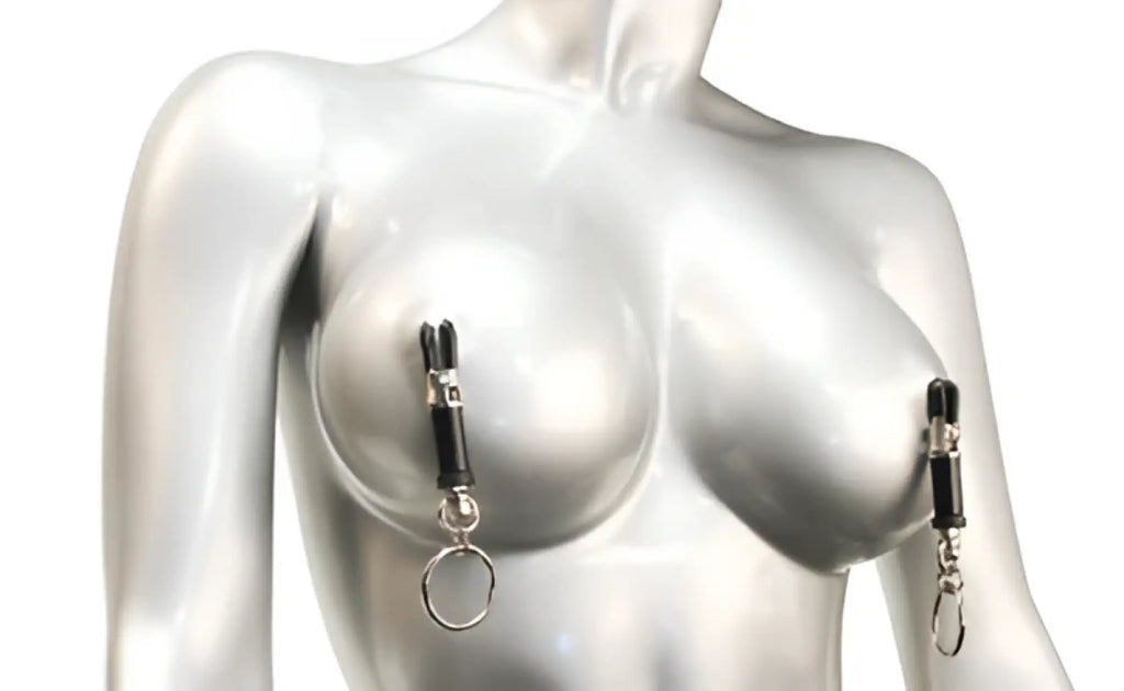 Black and silver metal breast clamp with keyring attachment from master series bondage ring barrel clamps