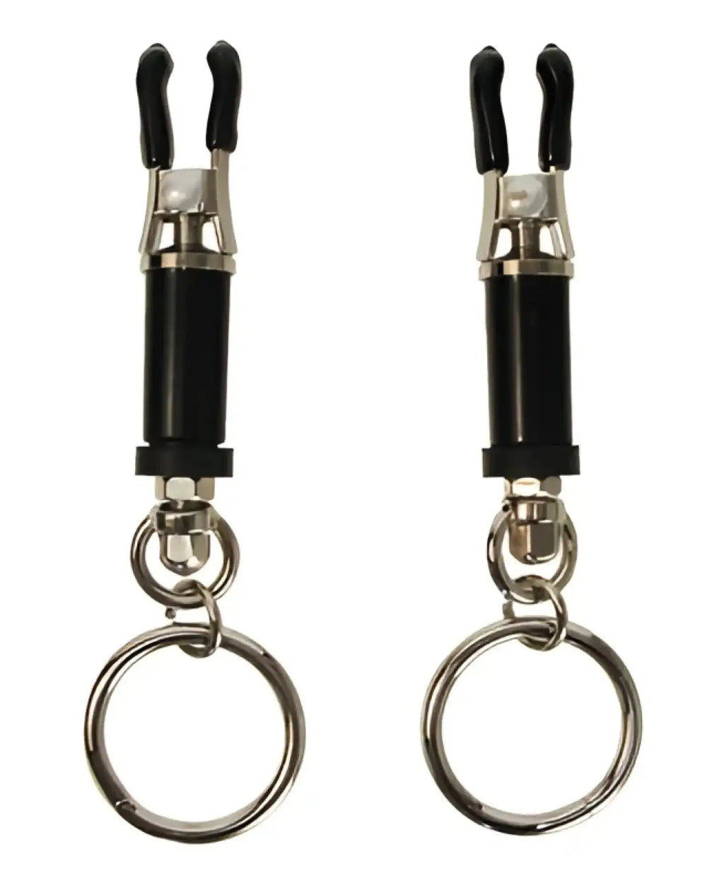 Black and silver master series bondage ring barrel clamps with sleek modern design and durable metal construction