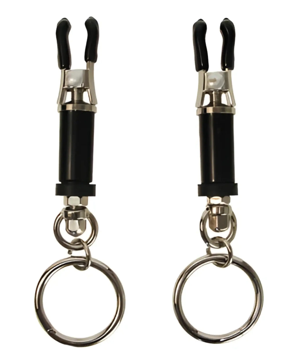 Black and silver master series bondage ring barrel clamps with sleek modern design and durable metal construction