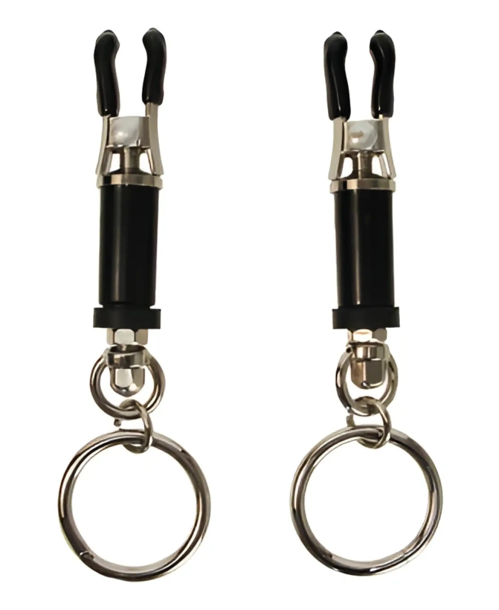 Black and silver master series bondage ring barrel clamps with sleek modern design and durable metal construction