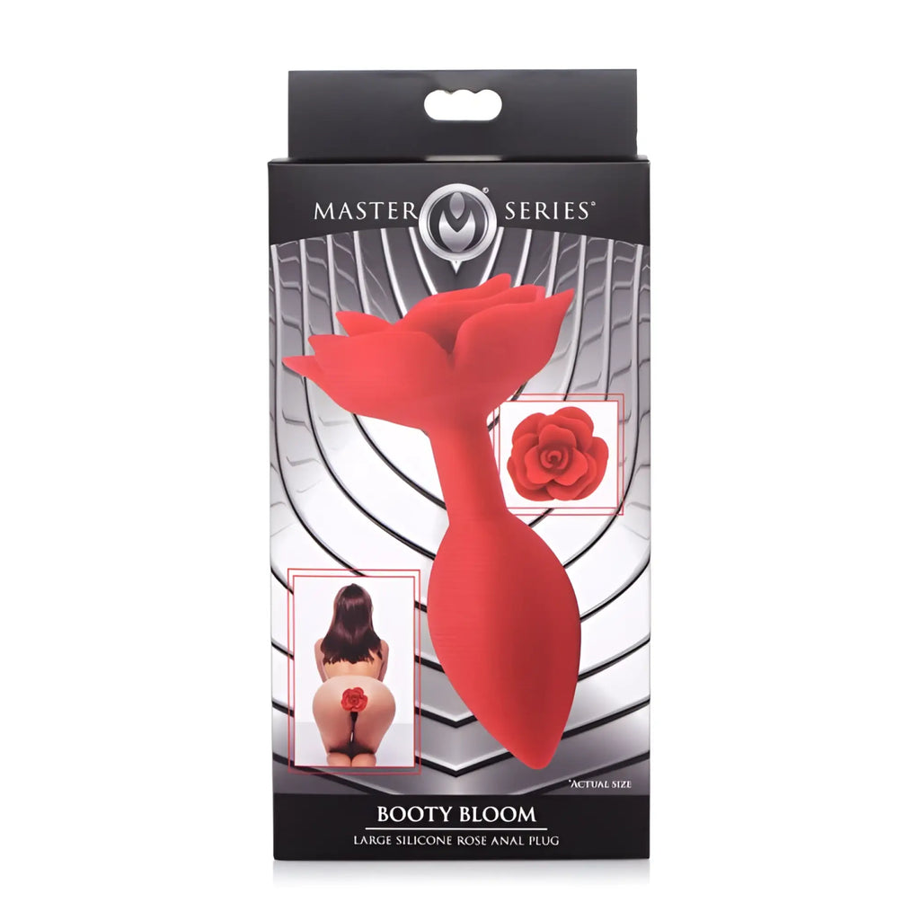 Red silicone rose-shaped anal plug with blooming flower design from master series labeled booty bloom large size