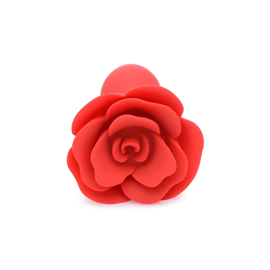 Vibrant red silicone rose-shaped anal plug with smooth rounded petals and tapered base from master series booty bloom large l