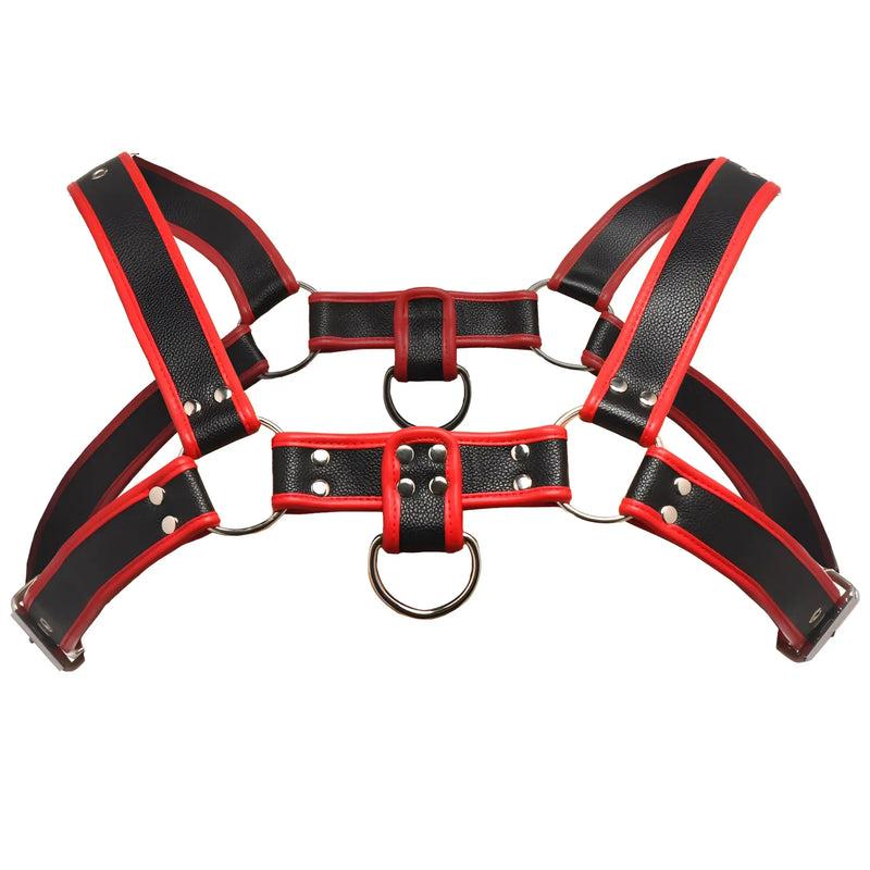 Black and red leather master series bulldog harness with silver metal rings and studs in one size