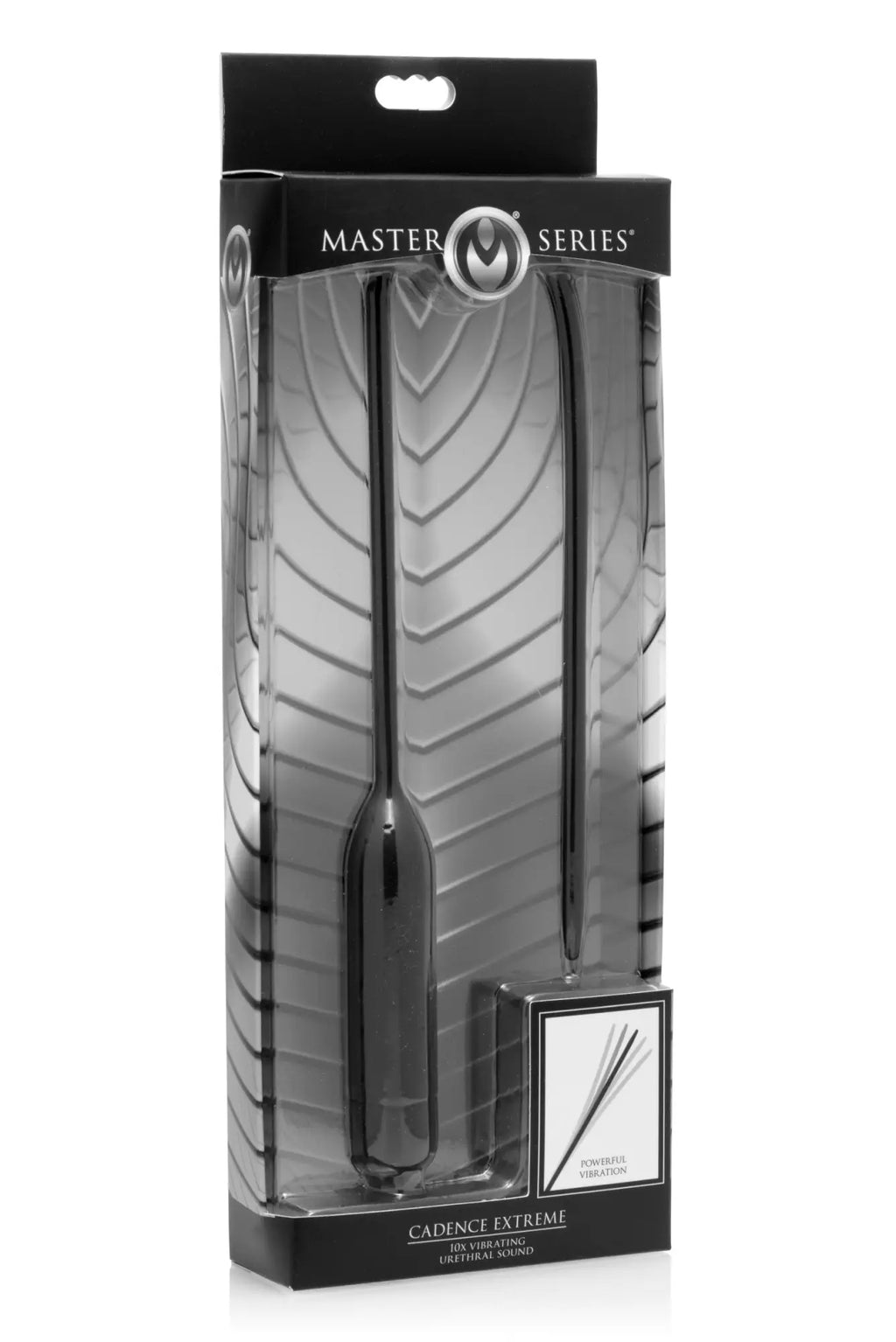 Black master series cadence extreme 10x vibrating urethral sound in sleek glossy plastic packaging with textured leaf pattern