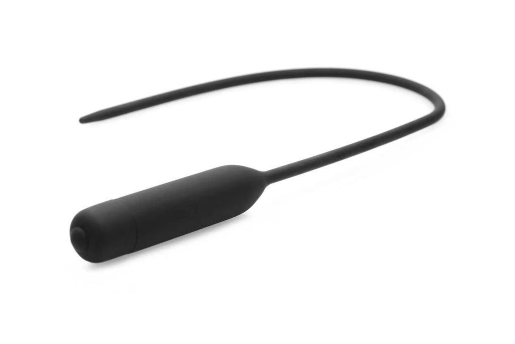 Black silicone vibrating wand with curved flexible shaft and rounded head from master series cadence extreme 10x urethral sound