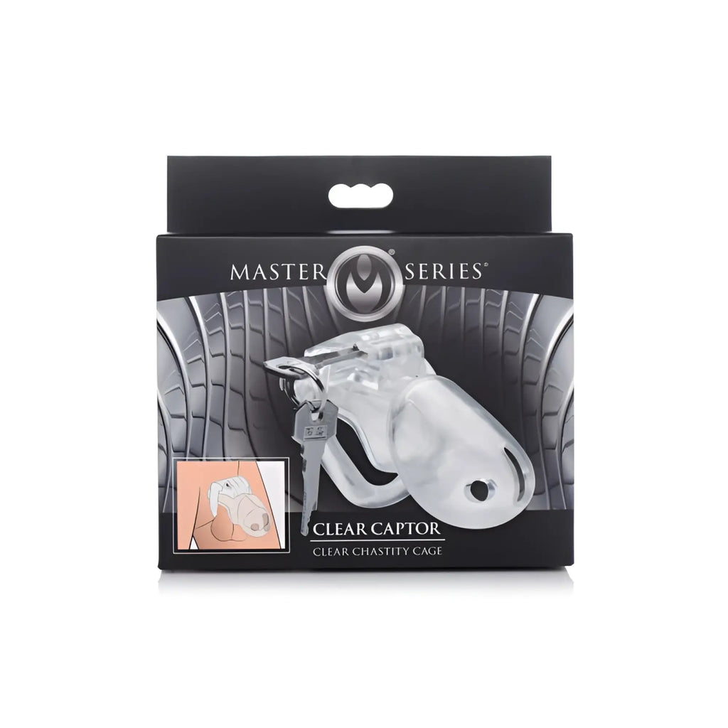 Master Series clear captor chastity cage large l with clear plastic body and metal clasp key for secure restraint use