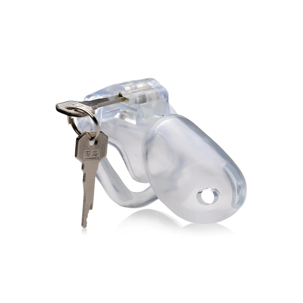 Clear plastic chastity cage large l with silver keys attached from master series for secure male restraint