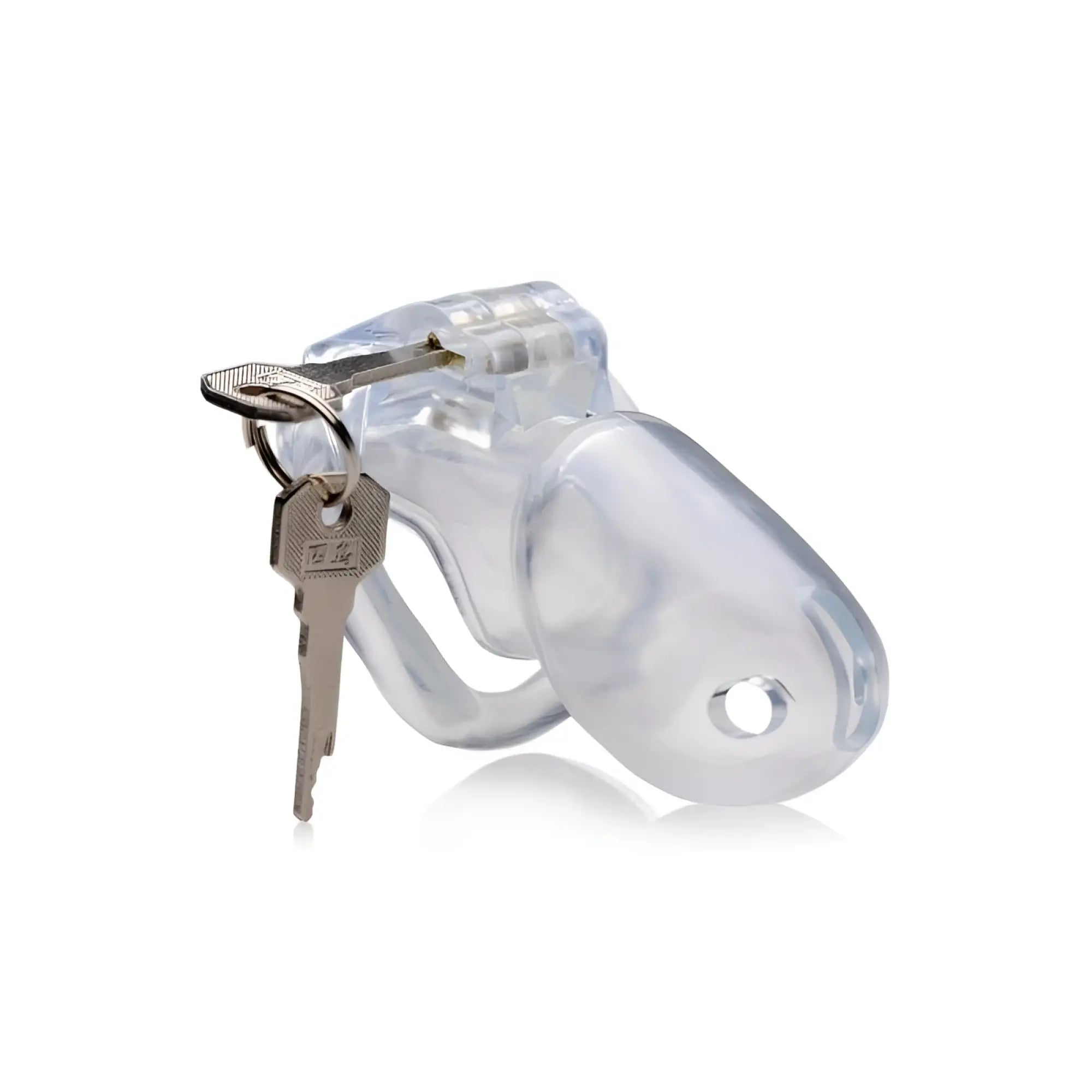 Clear plastic chastity cage large l with silver keys attached from master series for secure male restraint