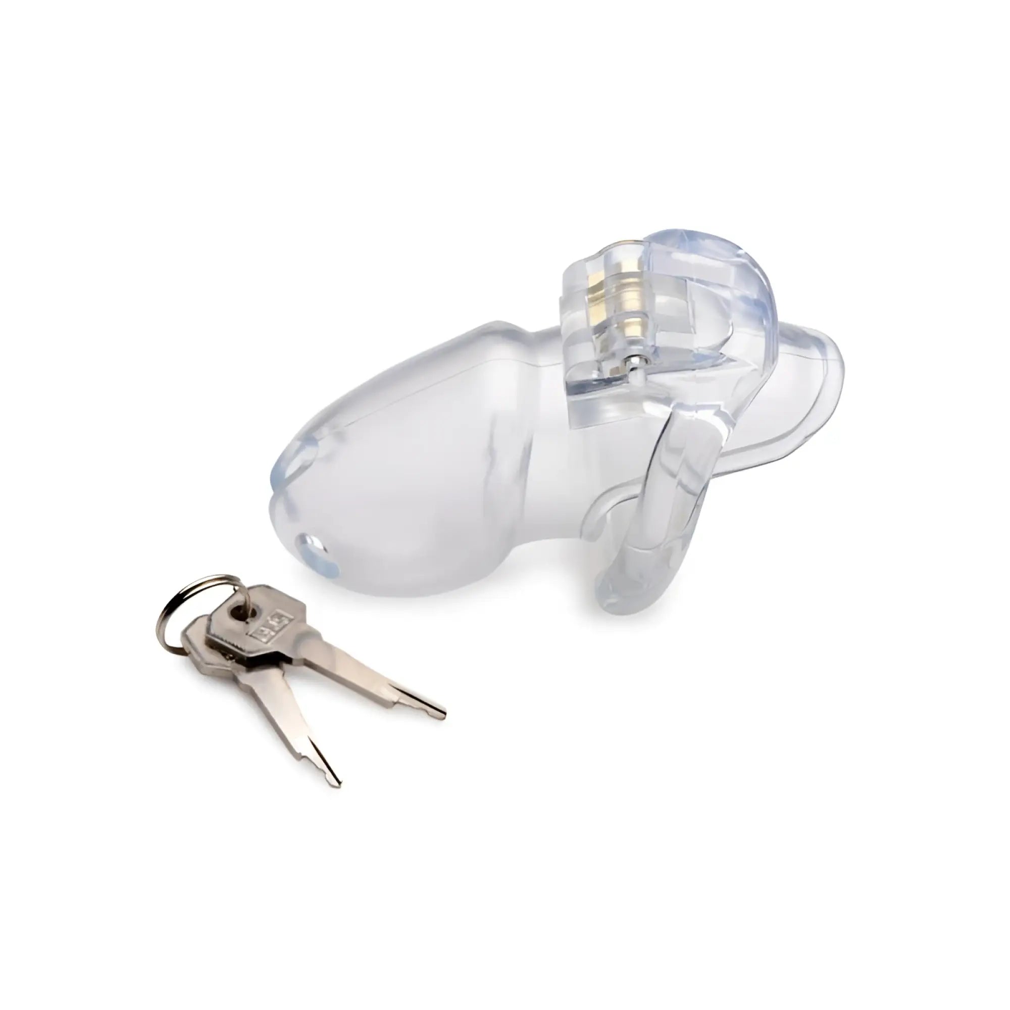 Master Series clear Captor chastity cage large L transparent plastic with metallic lock mechanism and two matching keys