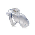 Master series clear captor chastity cage medium m clear plastic with gold-colored lock mechanism front view