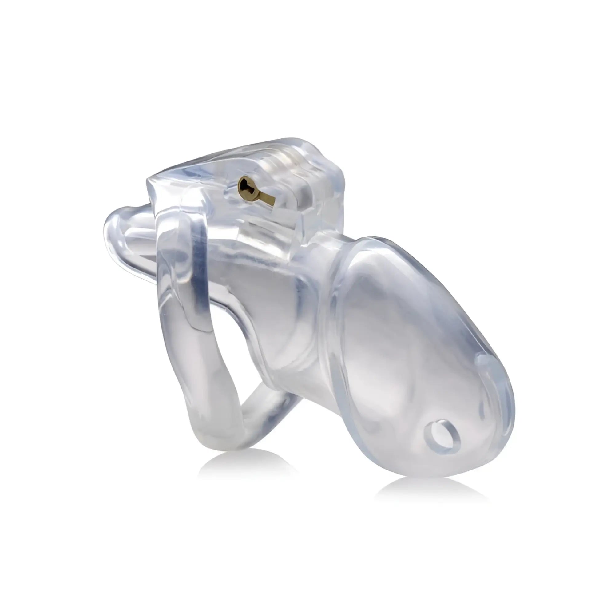 Master series clear captor chastity cage medium m clear plastic with gold-colored lock mechanism front view