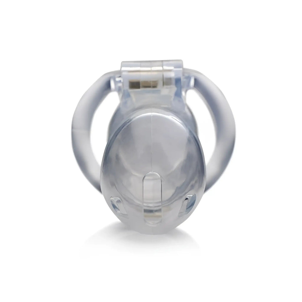 Master series clear captor chastity cage medium m with a rounded transparent plastic body and two curved rings