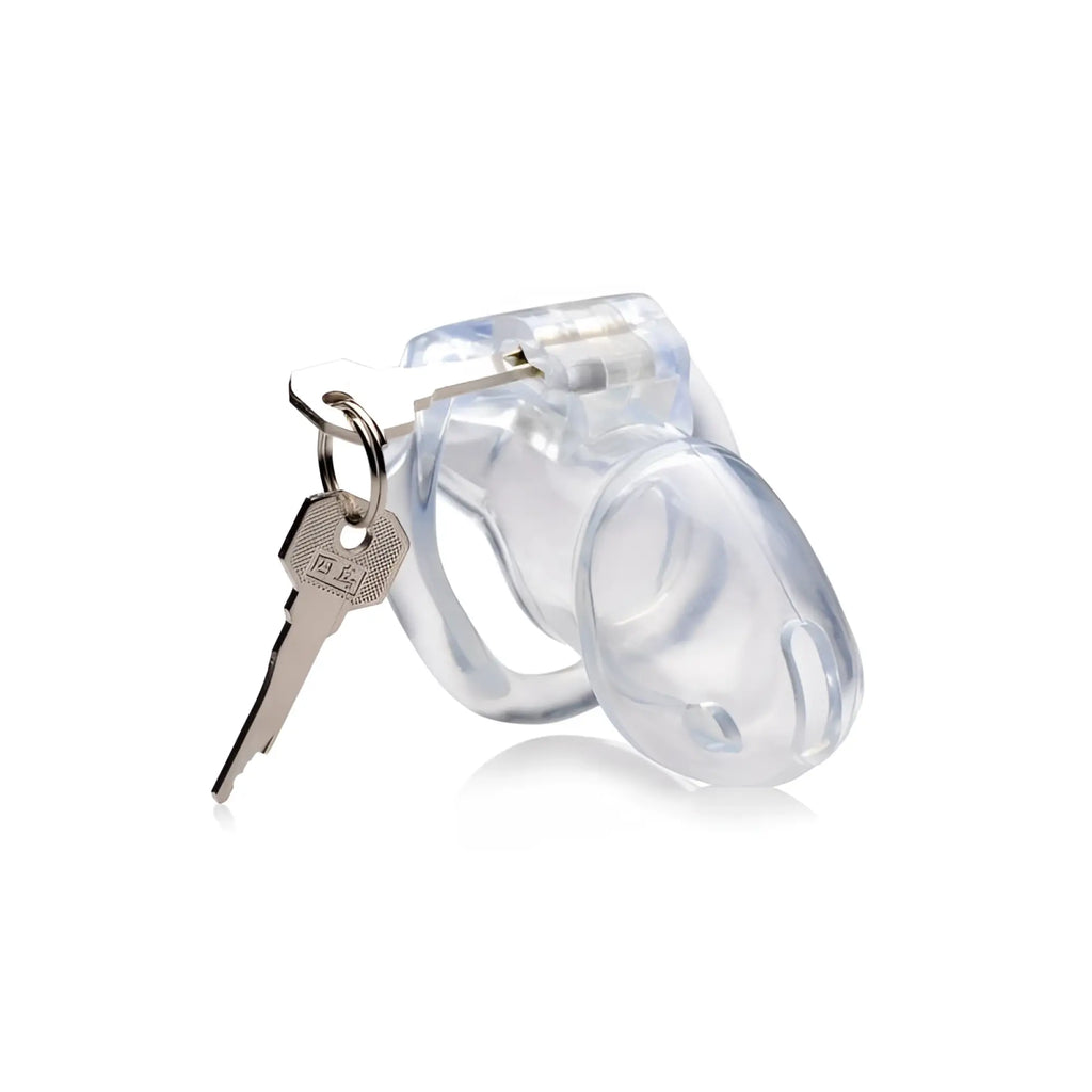Master Series clear captor chastity cage medium m made of clear plastic with a silver key attached for secure use