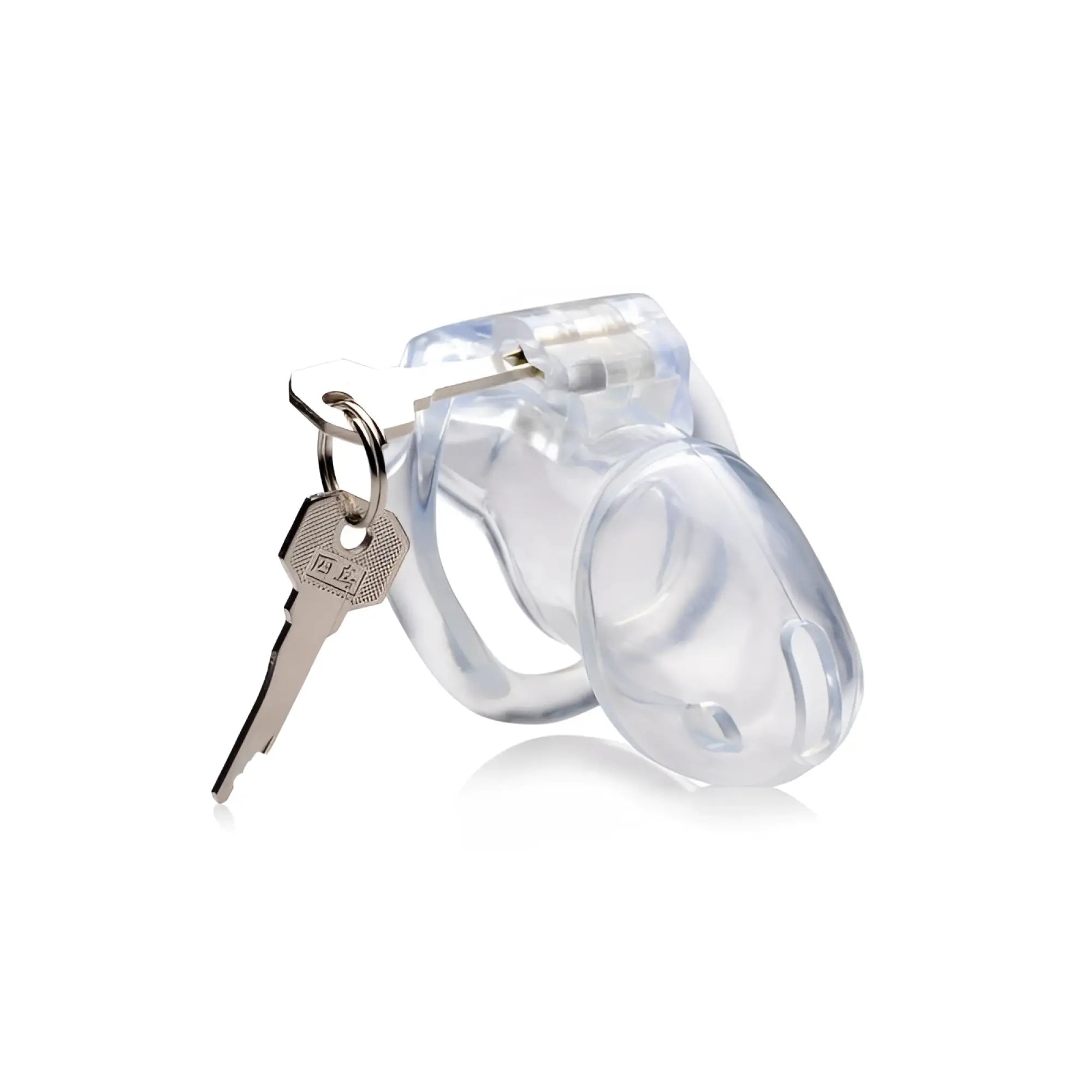 Master Series clear captor chastity cage medium m made of clear plastic with a silver key attached for secure use