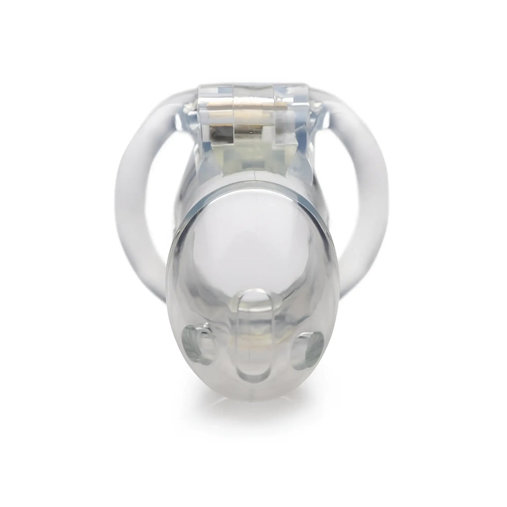 Master Series clear Captor chastity cage small S featuring clear plastic material circular ring and locking mechanism