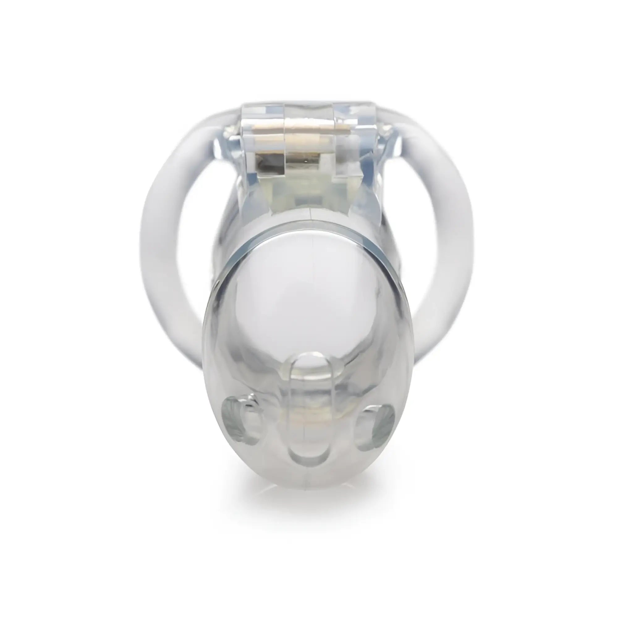 Master Series clear Captor chastity cage small S featuring clear plastic material circular ring and locking mechanism