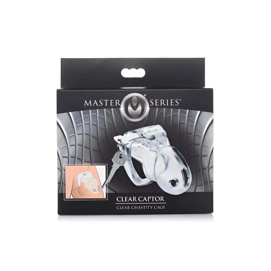Clear plastic chastity cage with key from master series clear captor small s, designed for secure male chastity play