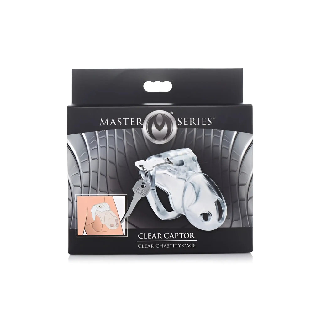 Clear plastic chastity cage with key from master series clear captor small s, designed for secure male chastity play