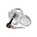 Master series clear captor chastity cage small s clear plastic with metallic lock and two keys beside it